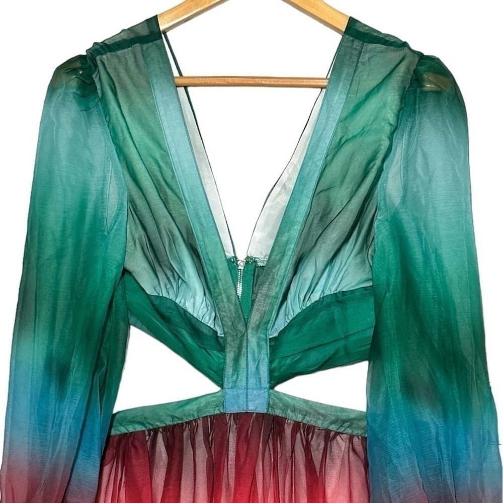 Lillys Kloset Ombre Cutout Maxi Dress Green Red Tiered Bishop Sleeve Womens‎ M - Picture 5 of 8